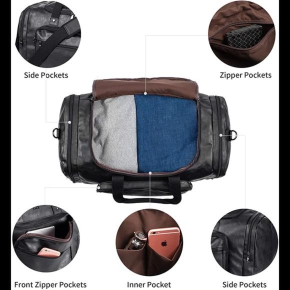 PU Leather Overnight Duffle Bag - Waterproof weekender Travel Tote - Duffel Bag - Picture 5 of 8